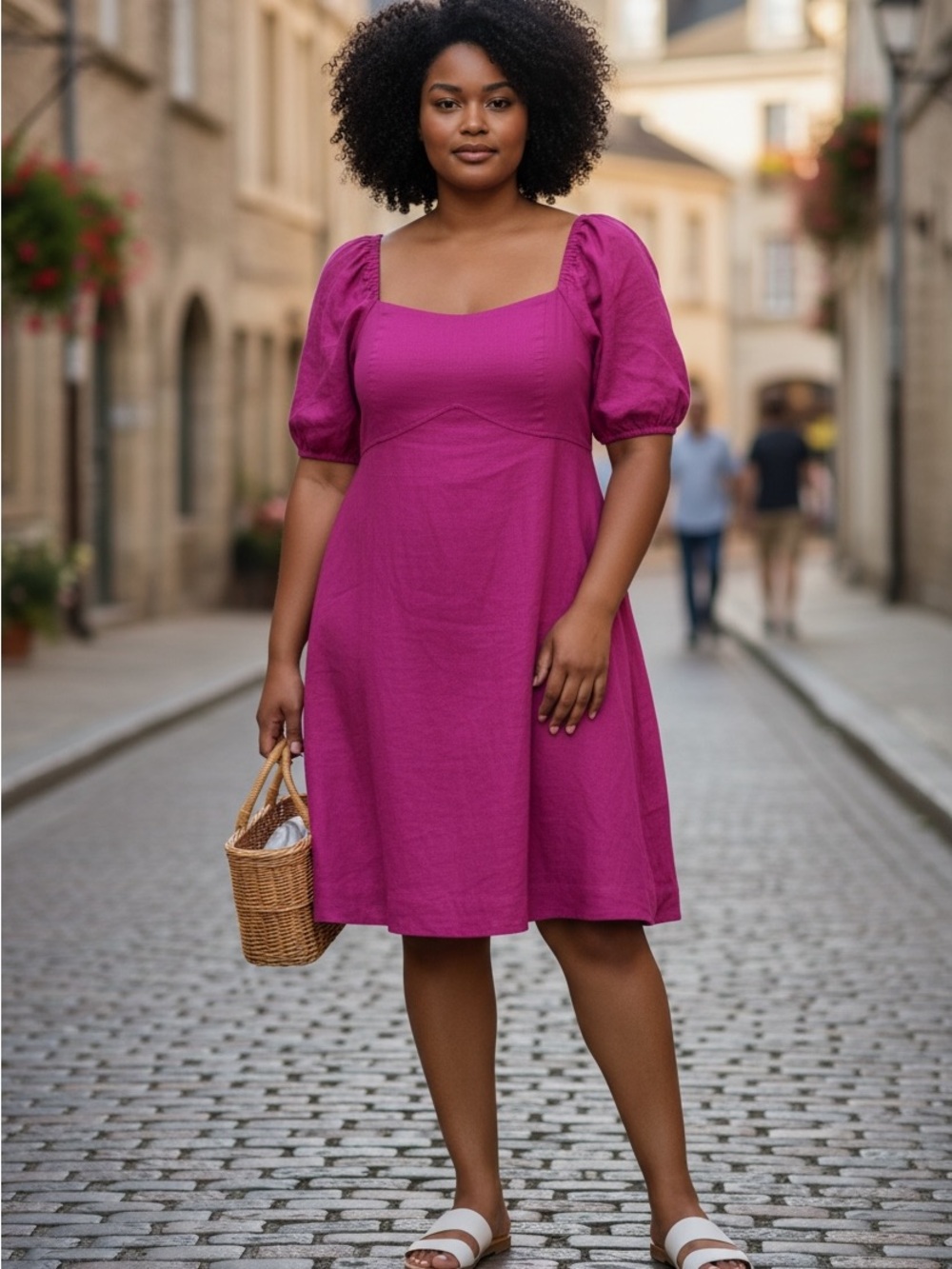 a new day Square-Neck Puff-Sleeve Midi Dress in Fuchsia